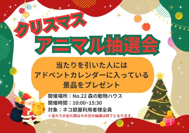 短い秋がすぎてこれから冬が始まりますね
冬と言ったらクリスマス！🎄

現在、森の動物ハウスでは
「クリスマスアニマル抽選会」を開催中‼️
くじを引いて当たりが出たら
無料券やイバライドオリジナルグッズなど
をプレゼント🎁

ネコの「みたらし」（4枚目）は
景品の中だとフクロウの羽が気になるそう🪶
不思議そうに見つめてました😆

森の動物ハウスでは小さな動物たちに
おやつをあげてみたい！さわってみたい！
動いているところを近くで見てみたい！

こんな興味がある人は
この機会にぜひ森の動物ハウスへお越しください‼️

【クリスマスアニマル抽選会】
期間:12月1日〜12月24日まで
場所:森の動物ハウス
対象:平日（入場者様全員）
 土日祝（ネコ部屋利用者様全員）
※当たりがでたらその日の抽選は終了となります。

#こもれび森のイバライド#イバライド
#クリスマス #アドベントカレンダー
#森の動物ハウス #オリジナルグッズ
#月曜日に遊びに来るといいかも…！
#茨城県#茨城観光‪#家族でお出かけ#日帰り旅行